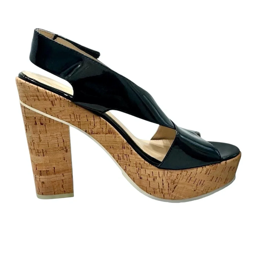 CALVIN KLEIN TAMRA BLACK PATENT & CORK PLATFORM HEELED SANDALS